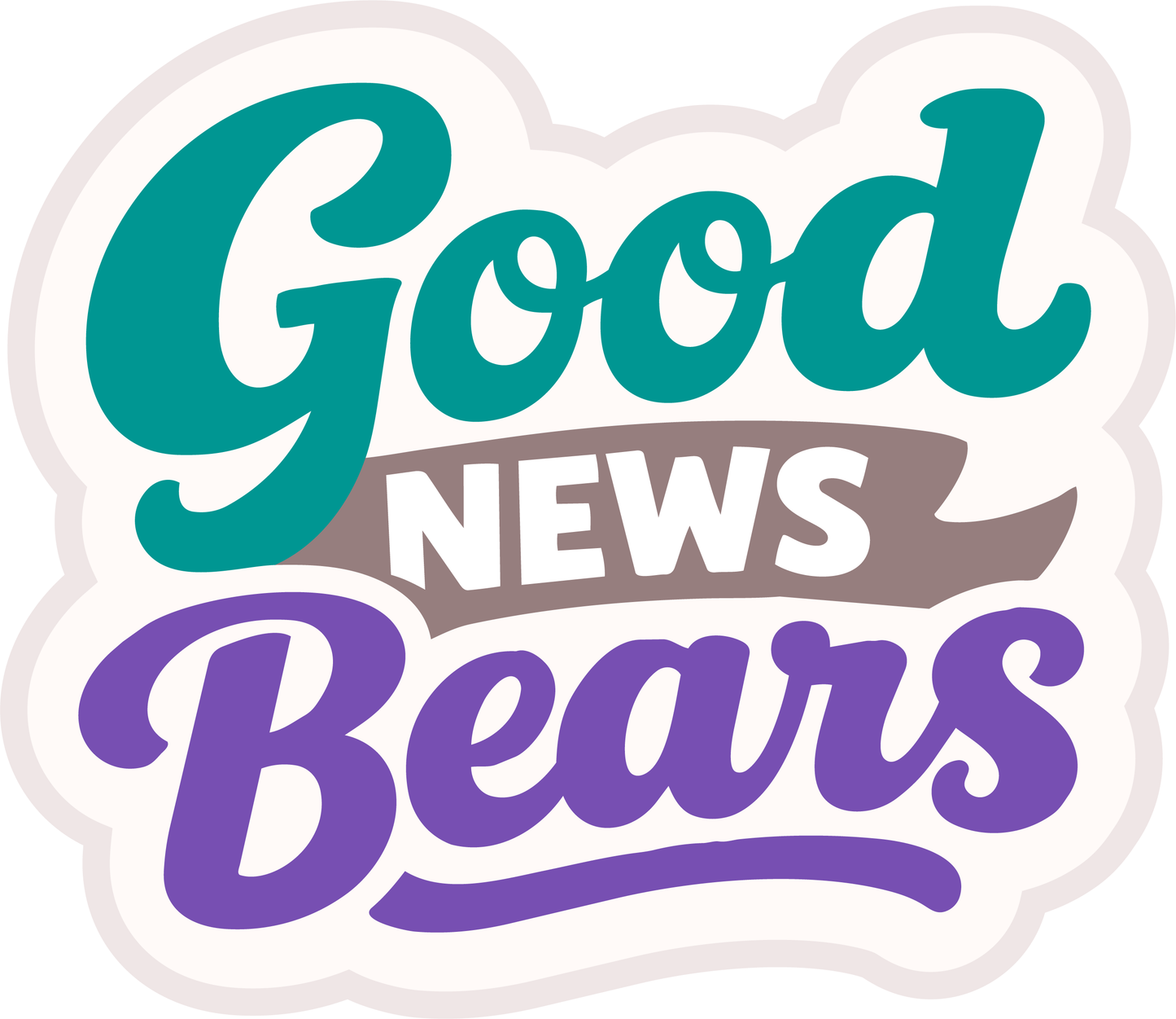 Logo with 'Good News Bears' text in teal, brown, and purple on a white background