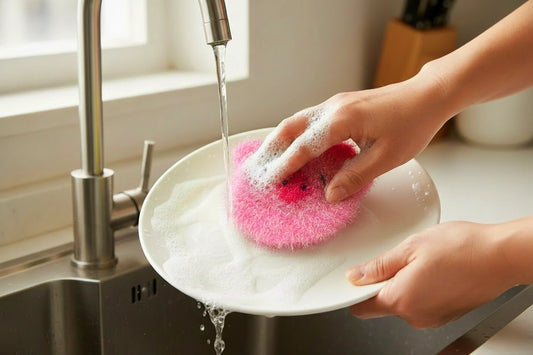 Person washing a plate with a pink dish scrubber in a kitchen sink.