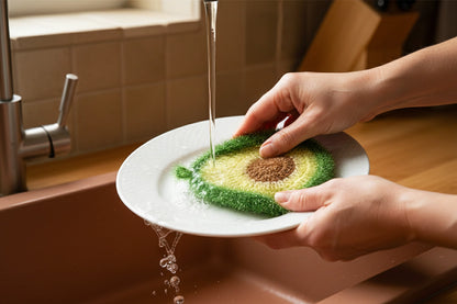 Person washing a dish under a running faucet, using an avocado-shaped crocheted dish scrubber, over a brown sink.