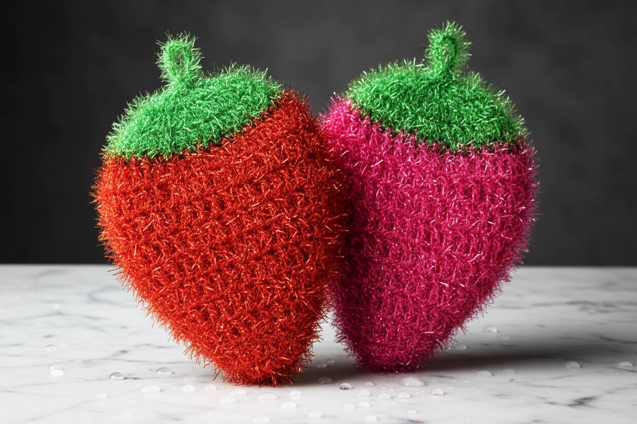 Two hand-crocheted strawberry dish scrubbers, one red and one pink, on a marble surface with a dark background.