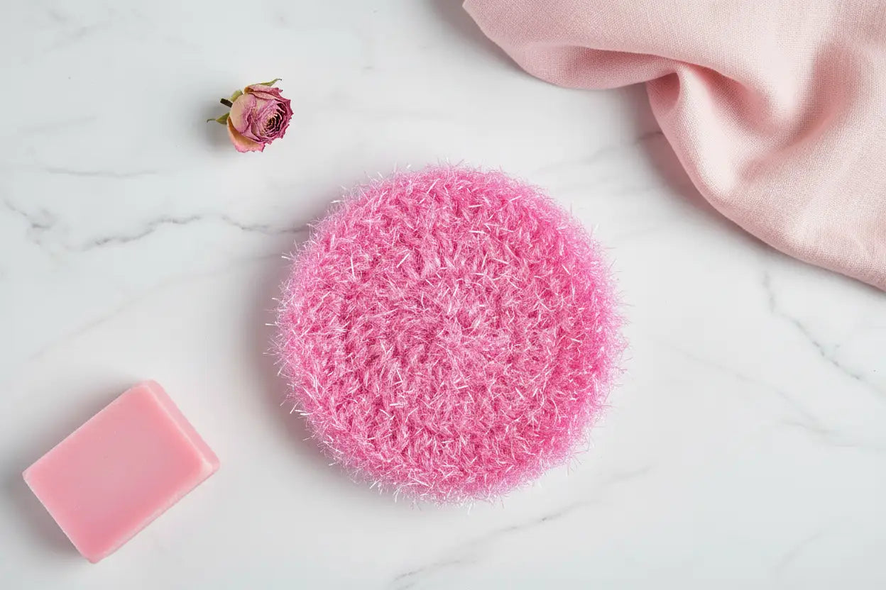 Pink scrubby on a marble surface with a bar of soap and a pink cloth.