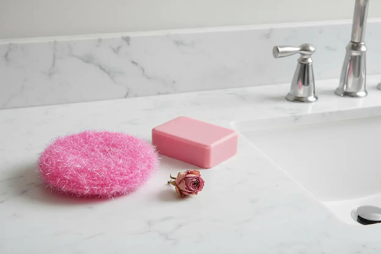 Pink scrubber, bar of soap, and dried rose on a marble countertop.