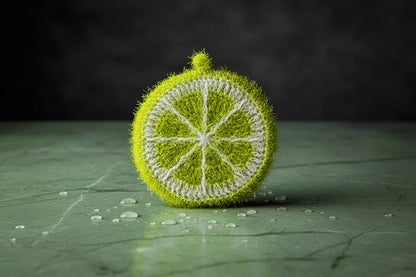 Crocheted lime dish scrubber on a textured green surface with water droplets.