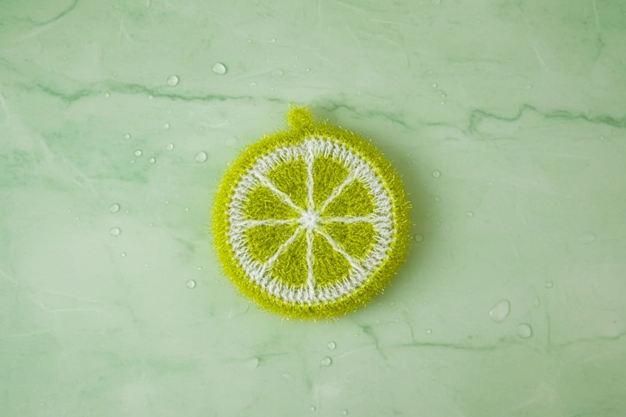 Crocheted green lime dish scrubber on a green textured background.