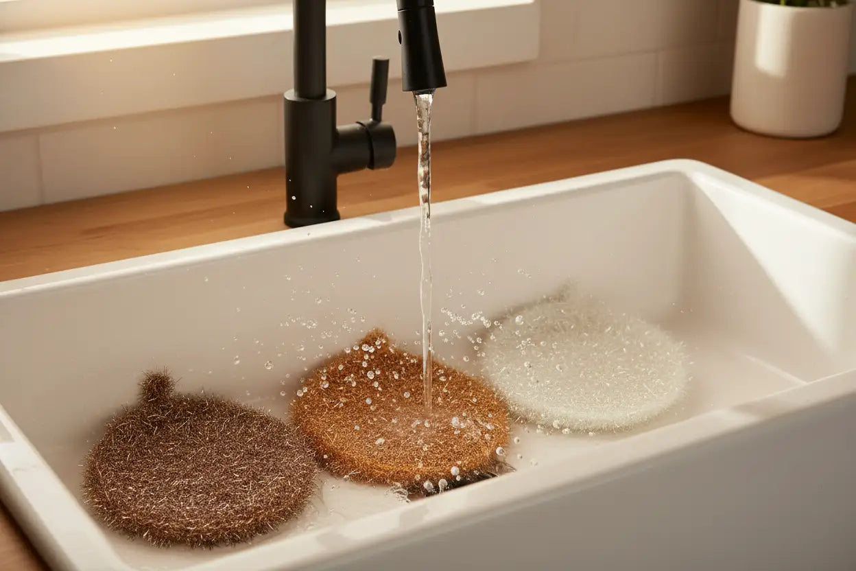 White kitchen sink with three scrubbies and running water from a black faucet.