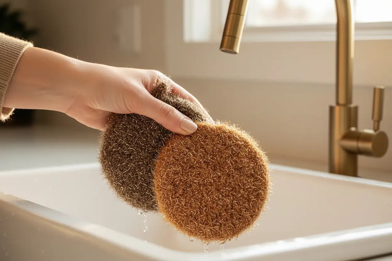 Hand holding two brown scrubbies over a sink with a gold faucet.