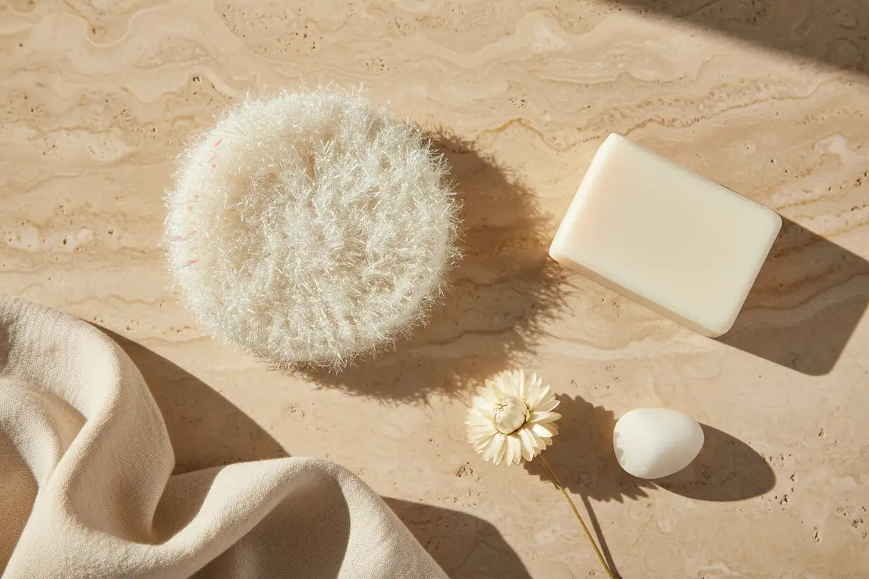 Bar of soap, loofah, and an ivory scrubby on a beige surface.