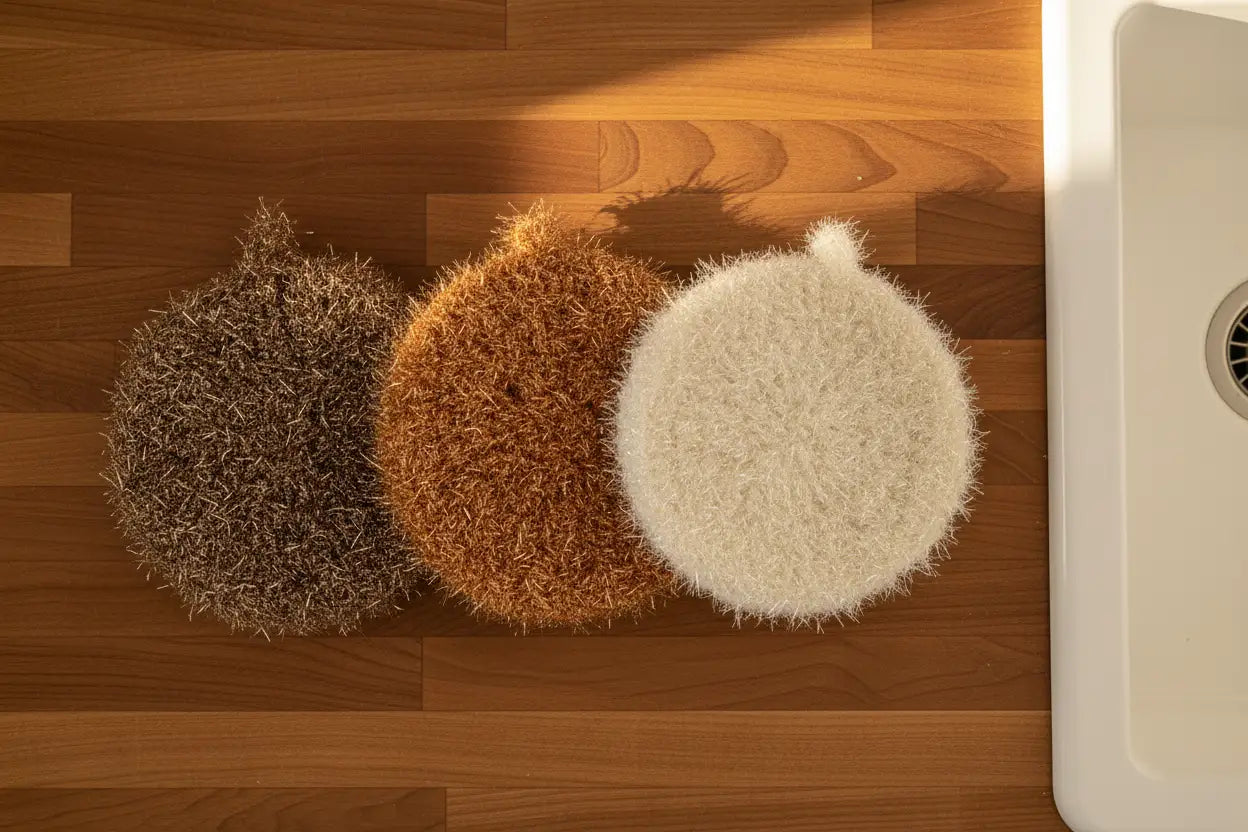 Three circular scrubbies in chocolate brown, caramel, and ivory on a wooden surface next to a sink.