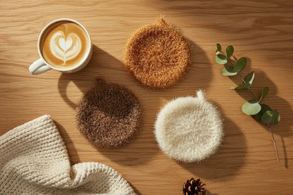 Cozy scene with a cup of coffee and warm colored dish scrubbies on a wooden surface