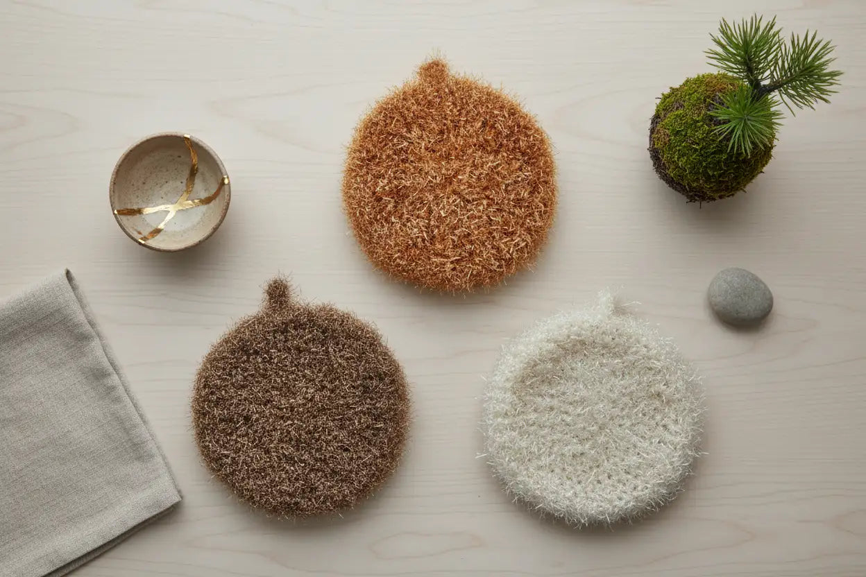 Designer Series: Mocha Collection Hello Scrubbies in chocolate brown, caramel, and ivory on a light wooden surface with a towel and small plant.