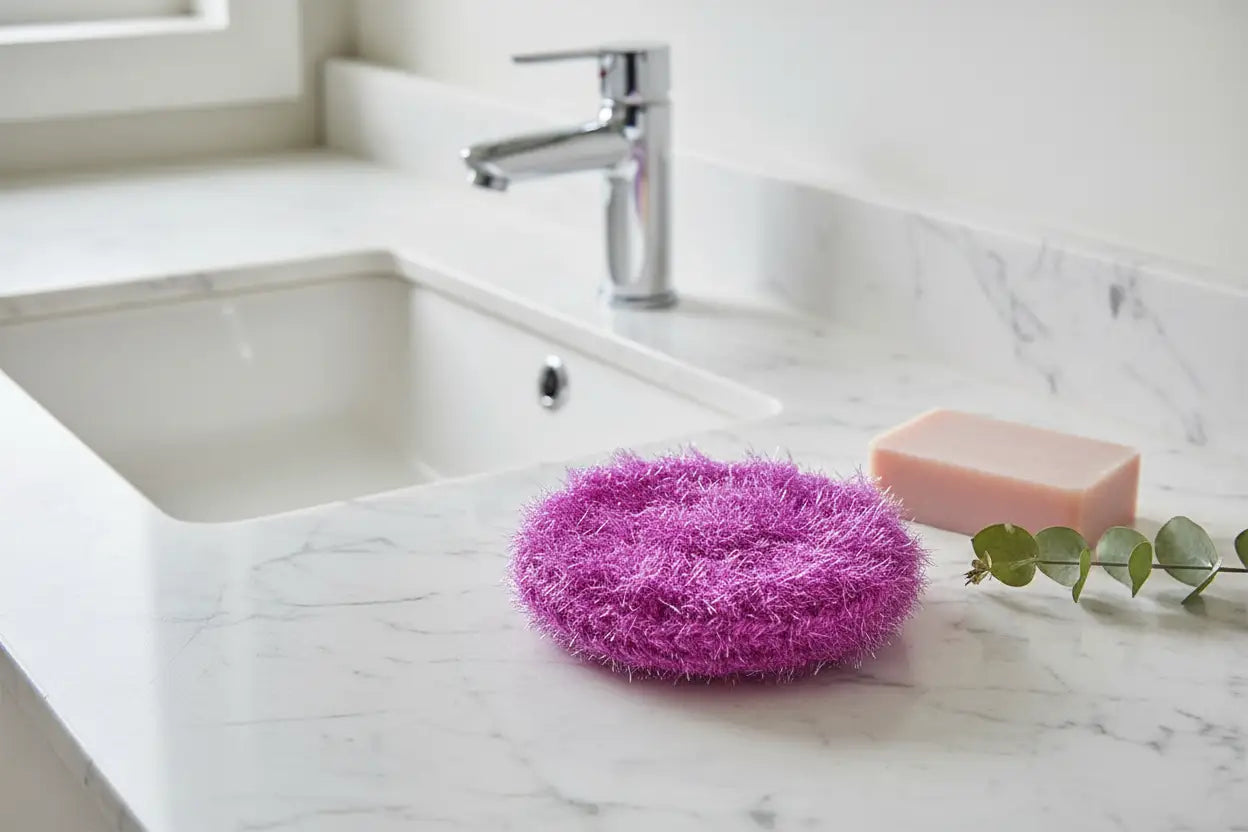 Magenta scrubby on a marble countertop with a sink and soap in the background