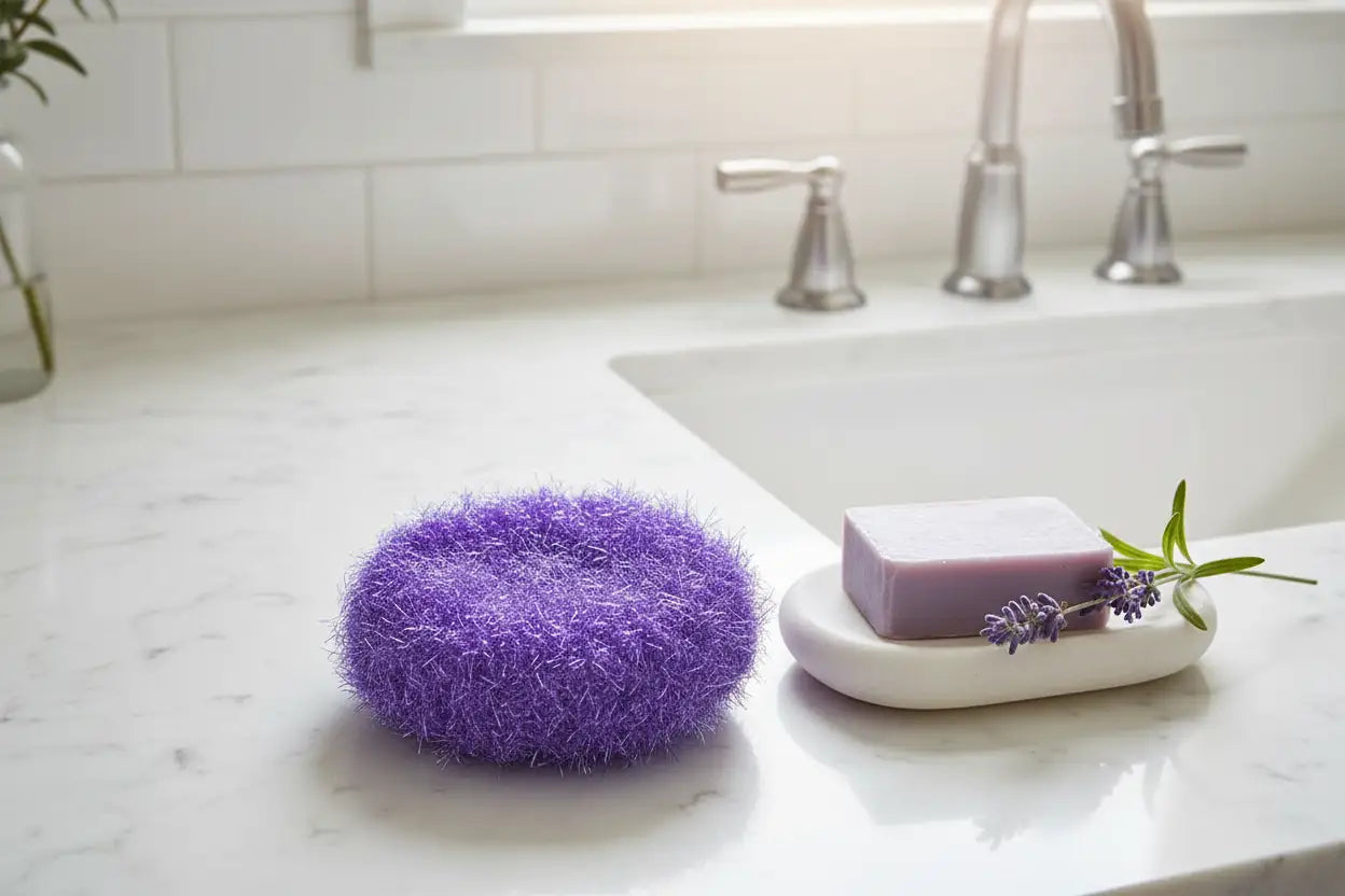 Purple scrubby and soap on a sink counter with a tiled wall background