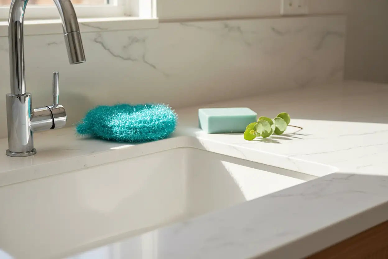 Kitchen sink with turquoise scrubby and soap bar on a marble countertop