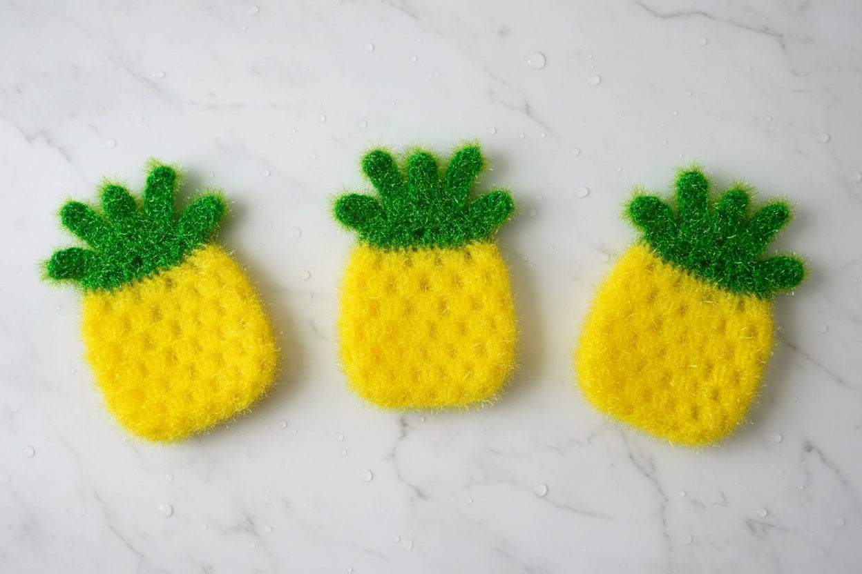 Three yellow pineapple-shaped crocheted dish scrubbers on a white marble surface