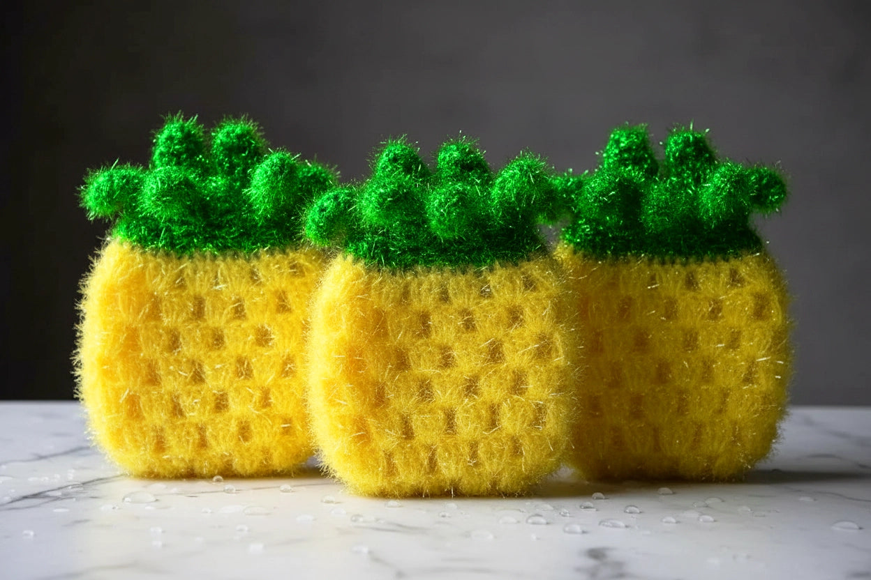 Three yellow pineapple-shaped dish scrubbers with green tops on a marble surface.