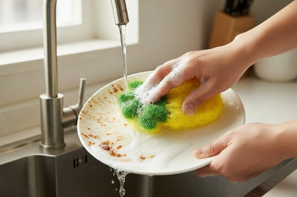 Person washing a plate with a pineapple-shaped dish scrubber under running water in a kitchen.