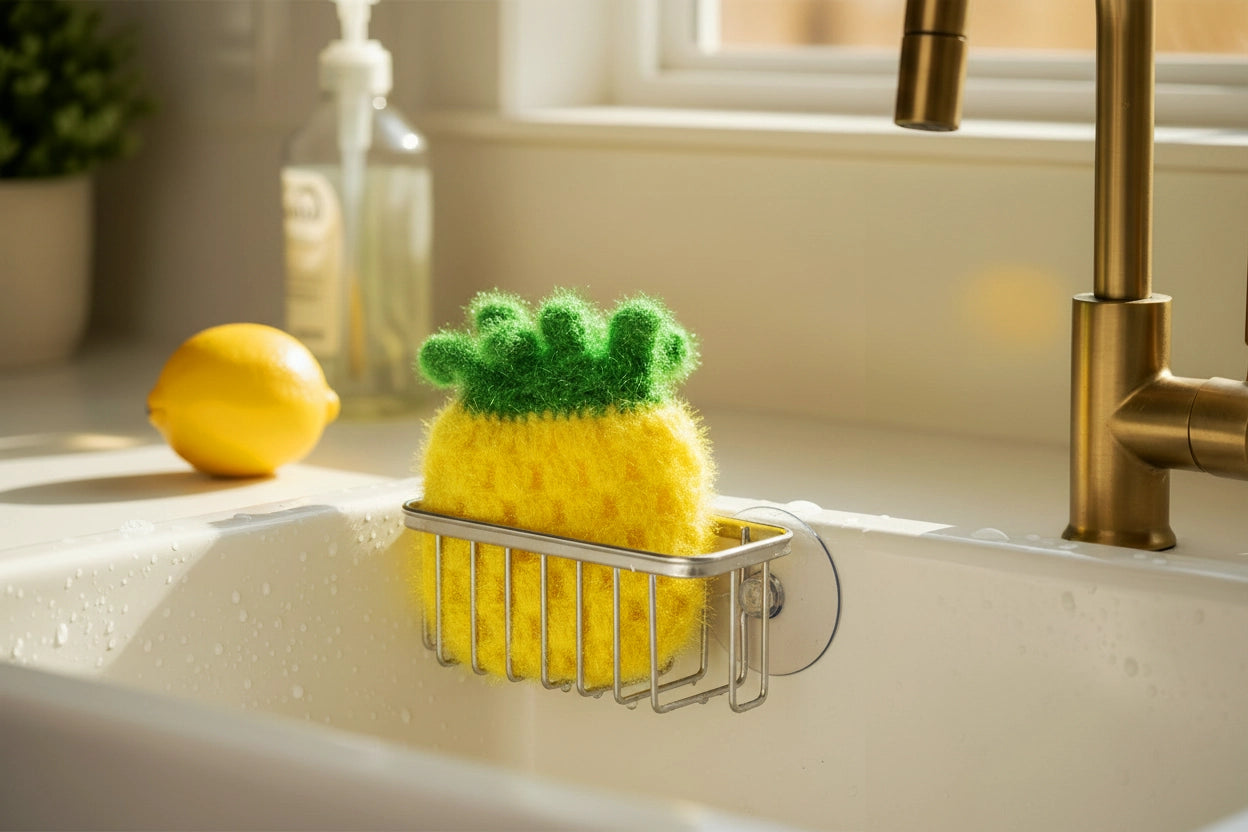 Yellow pineapple dish scrubber with green bristles in a holder on a kitchen sink