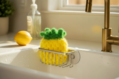 Yellow pineapple dish scrubber with green bristles in a holder on a kitchen sink