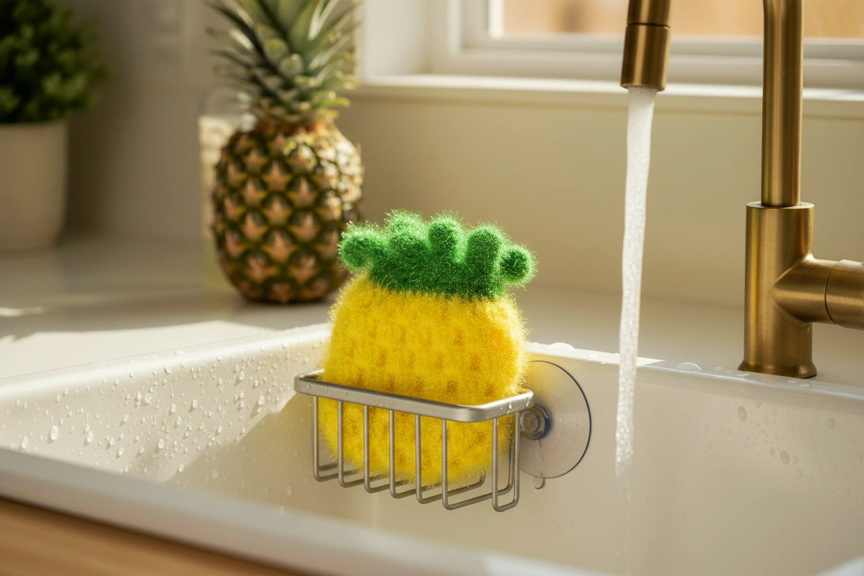 Pineapple-shaped dish scrubber on a kitchen sink with water running
