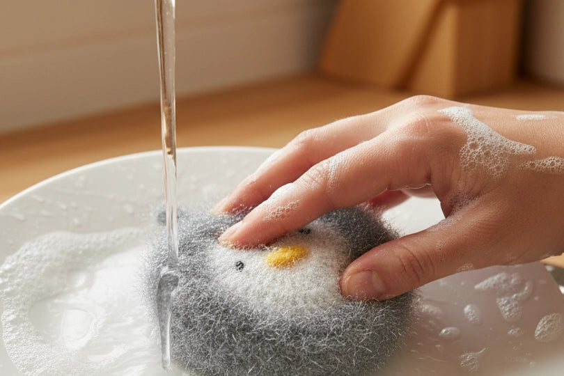 Hand washing a dish with a penguin-shaped scrubber with water and soap bubbles.