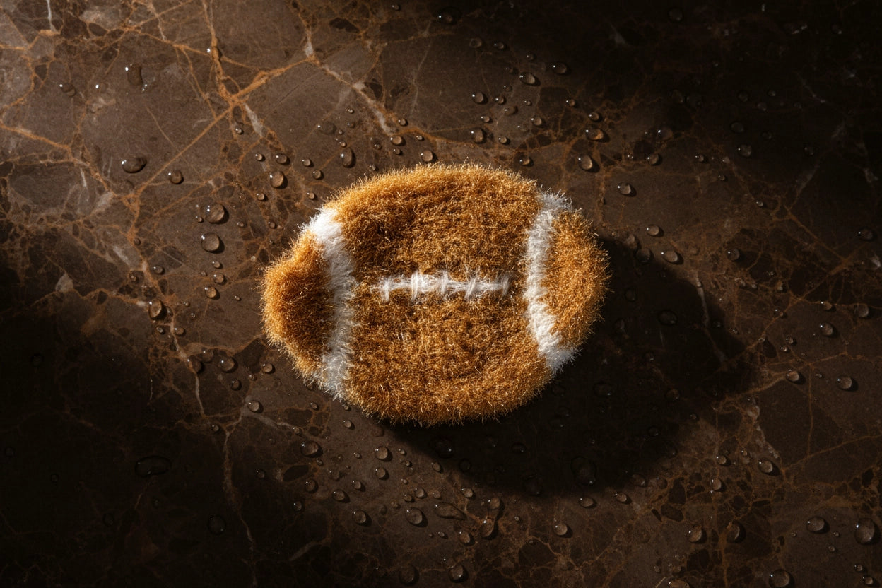 Football-shaped crocheted dish scrubber on a textured brown surface with water droplets