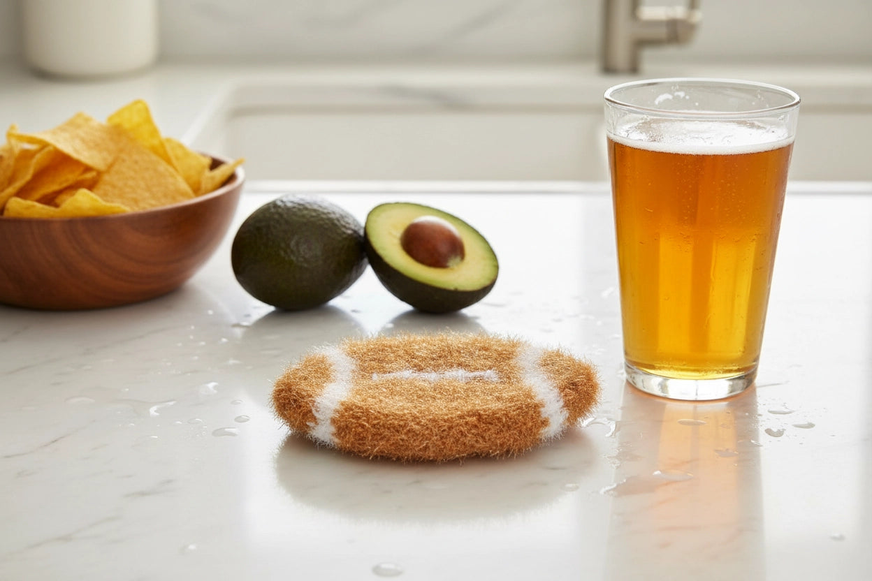 Brown and white football-shaped dish scrubber sitting next to a glass of beer, bowl of chips, and avocados on a marble countertop.