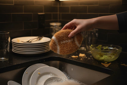 Person holding a brown and white football-shaped dish scrubber in a kitchen.