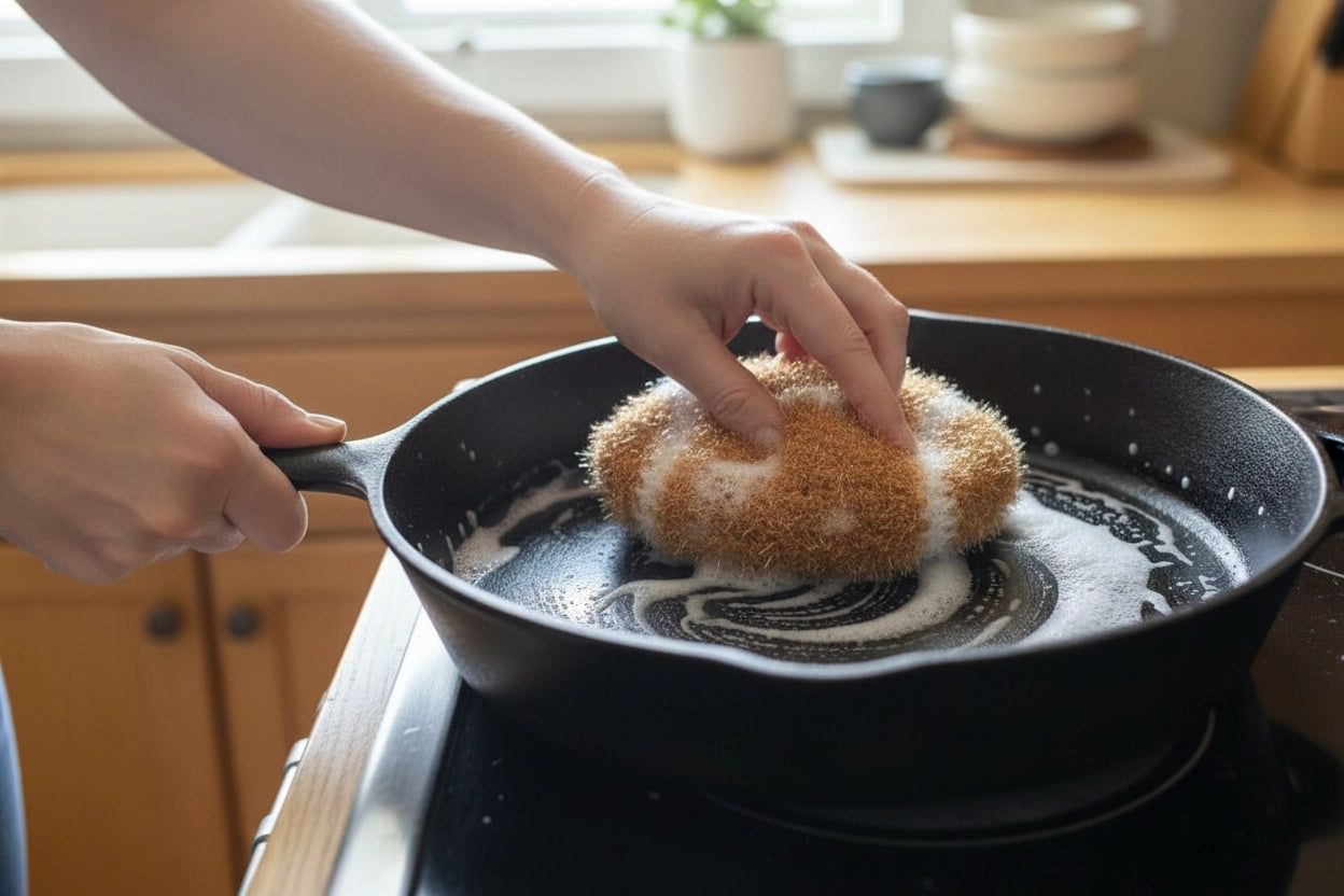 Person scrubbing a cast iron pan on a stove with a football-shaped dish scrubber.