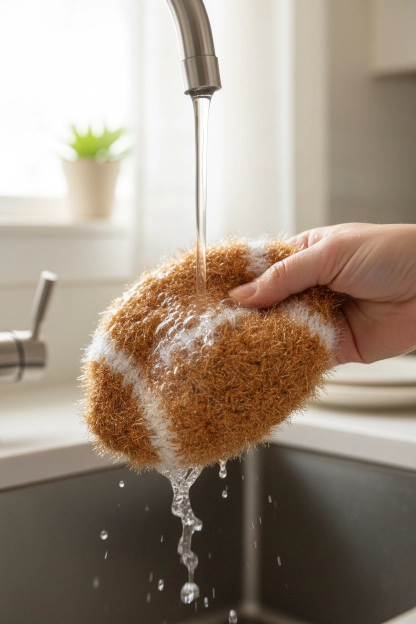 Hand washing football-shaped dish scrubber under running water in a kitchen sink.