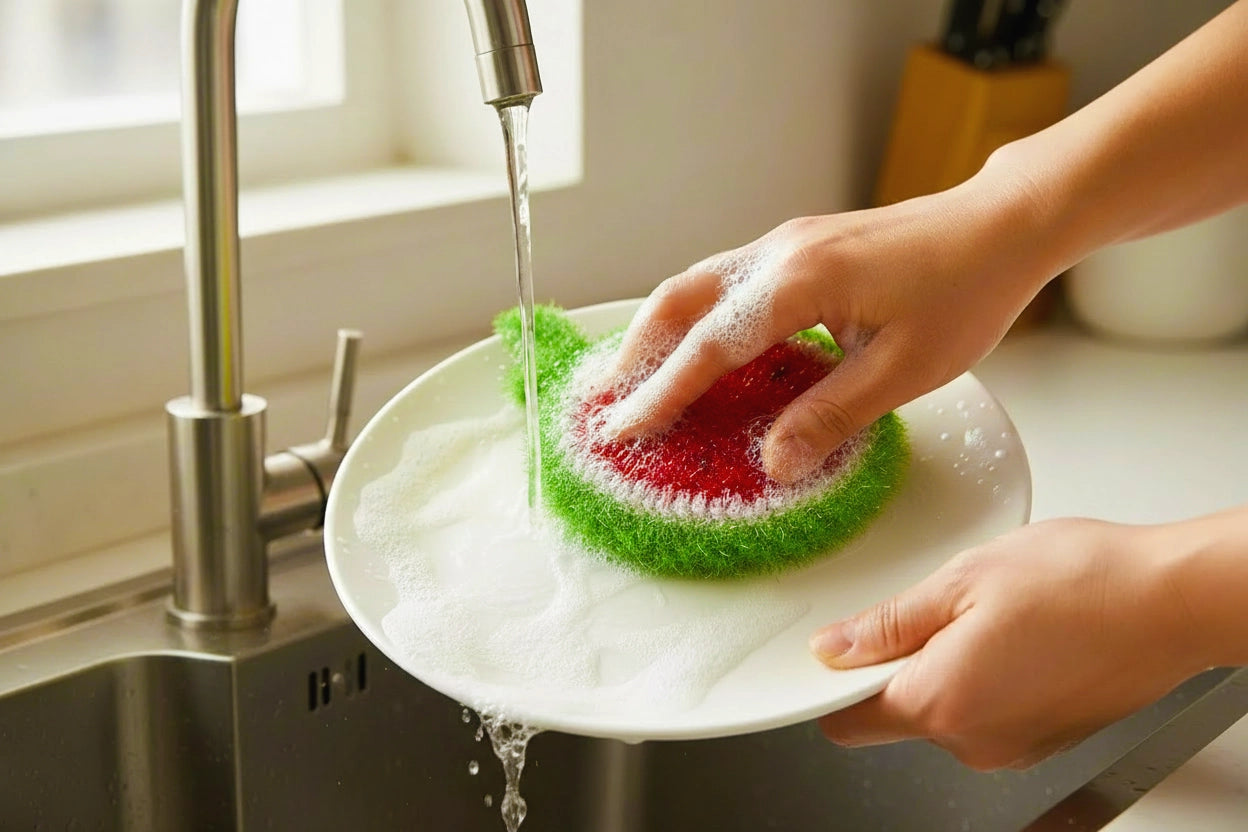 Watermelon dish scrubber being used over a sink with running water.