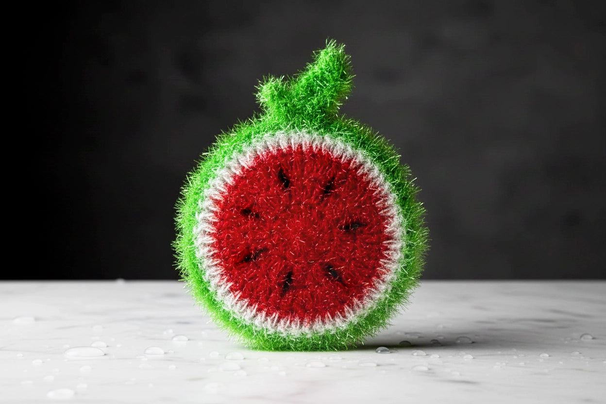 Crocheted watermelon dish scrubber on a white carrara marble surface with a dark background