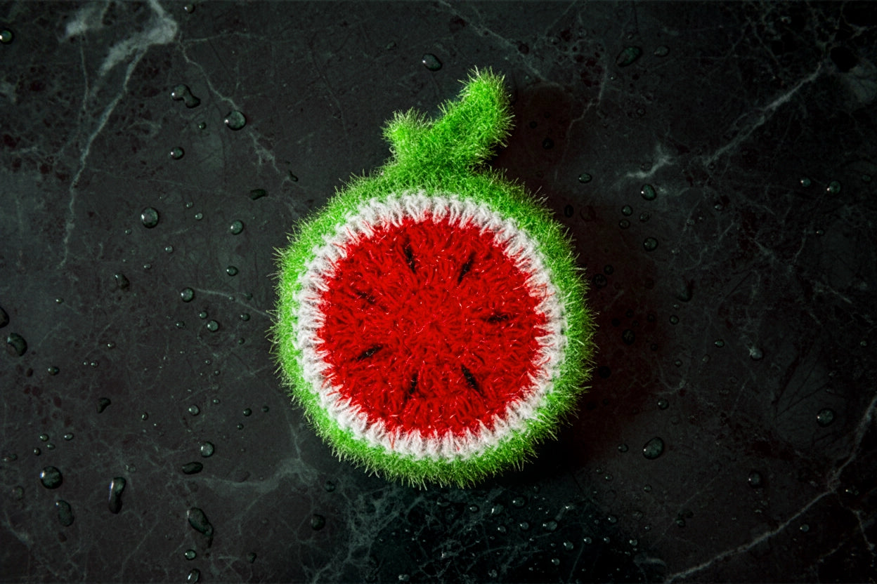 Hand crocheted watermelon dish scrubber on a dark green textured stone. 