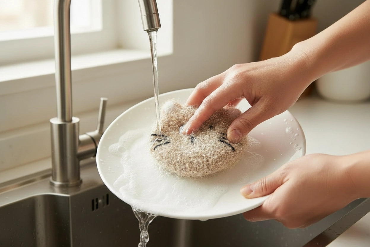 Person washing a plate with a cat-shaped dish scrubber under running water in a kitchen.