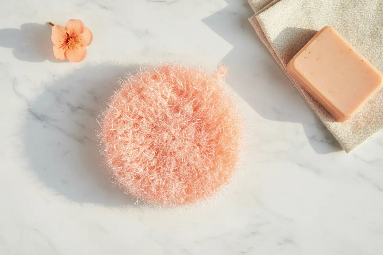 Peach Hello Scrubby and bar of soap on a marble surface