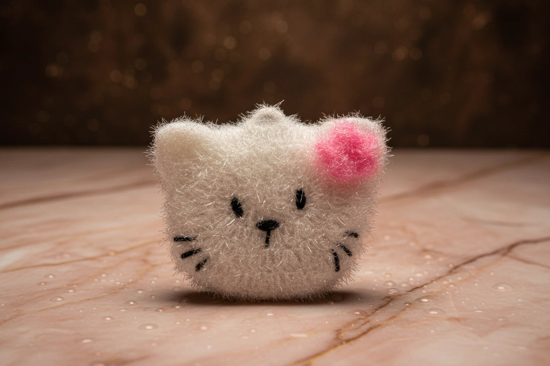 Small plush dish scrubber with a cat face and pink flower bow on a marble surface