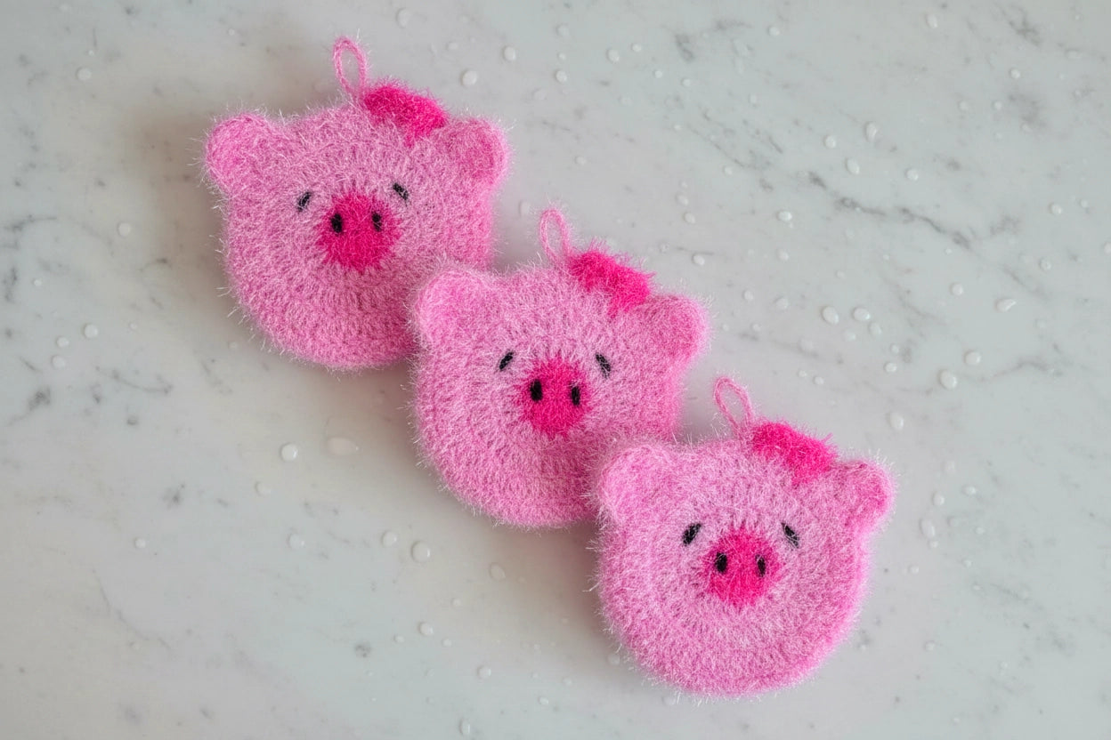 Three pink pig-shaped dish scrubber on a marble surface