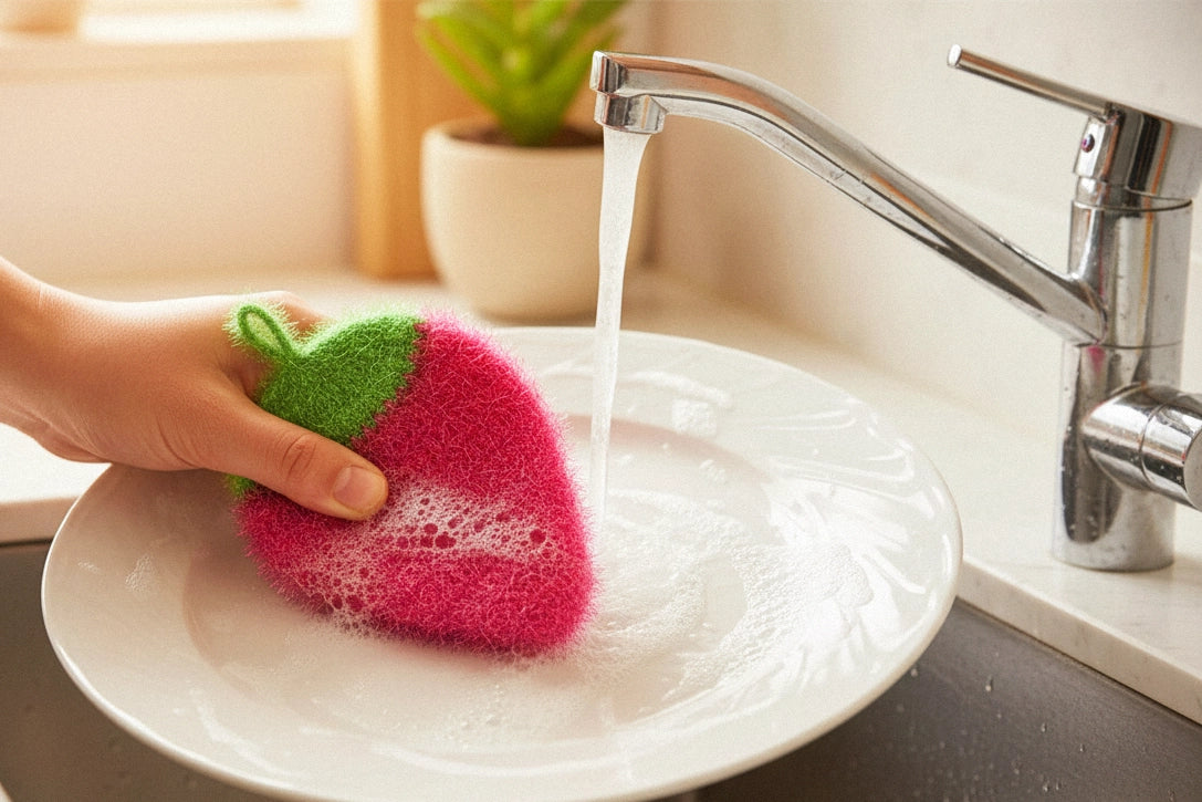 Person washing a white plate with a pink and green dish scrubber under running water from a faucet.
