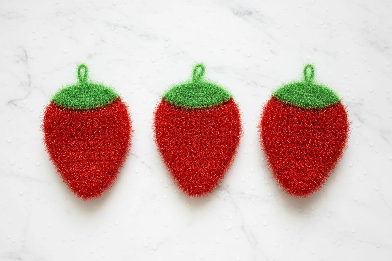 Three red strawberry-shaped dish scrubbers with green tops on a white background