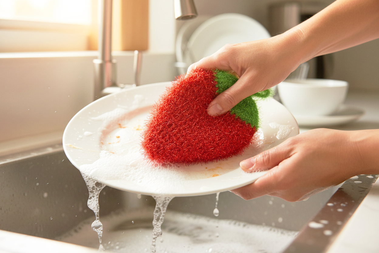 Person washing a plate with a strawberry-shaped dish scrubber in a kitchen sink.