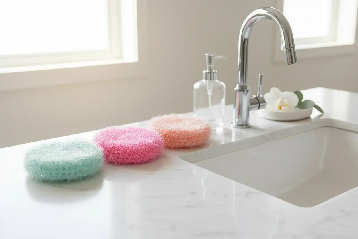 Three colorful scrubbies on a kitchen counter with a sink and faucet in the background.