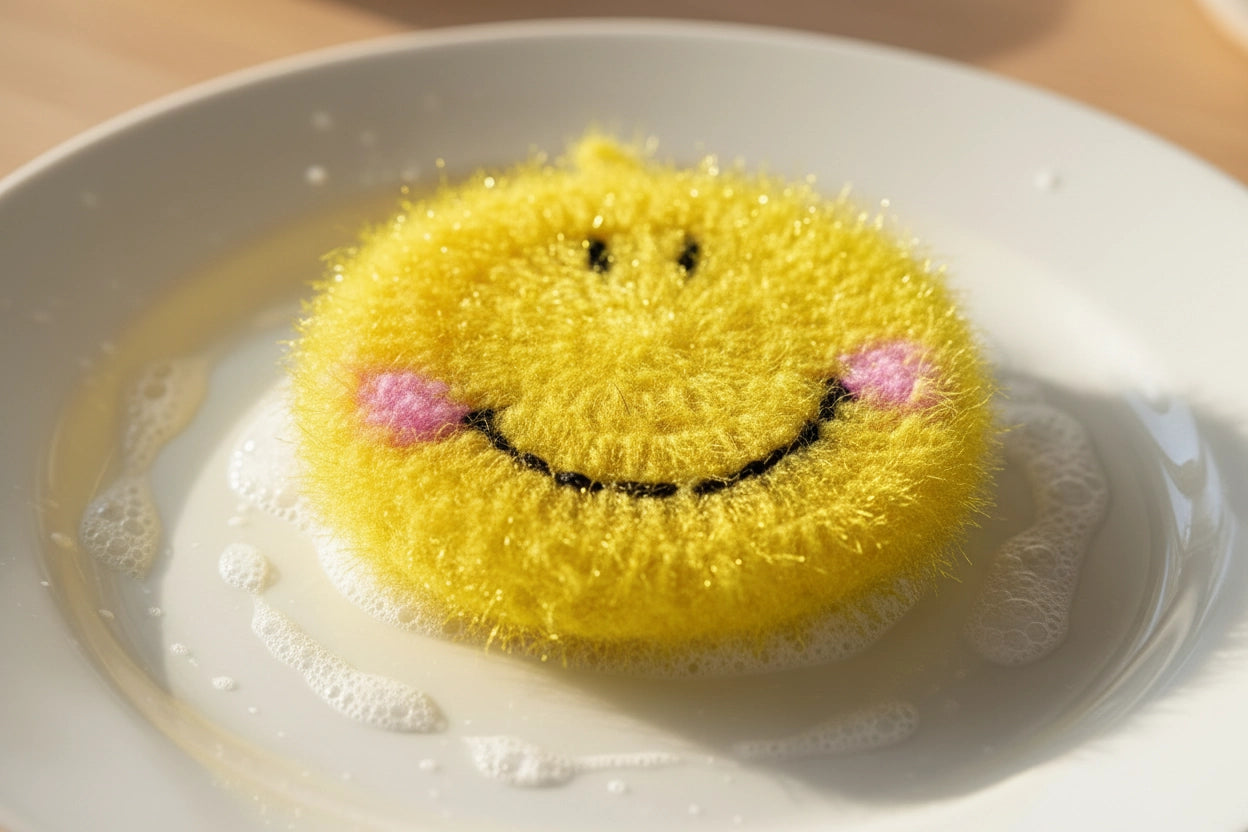 Yellow smiley face dish scrubber on a white plate with soap bubbles