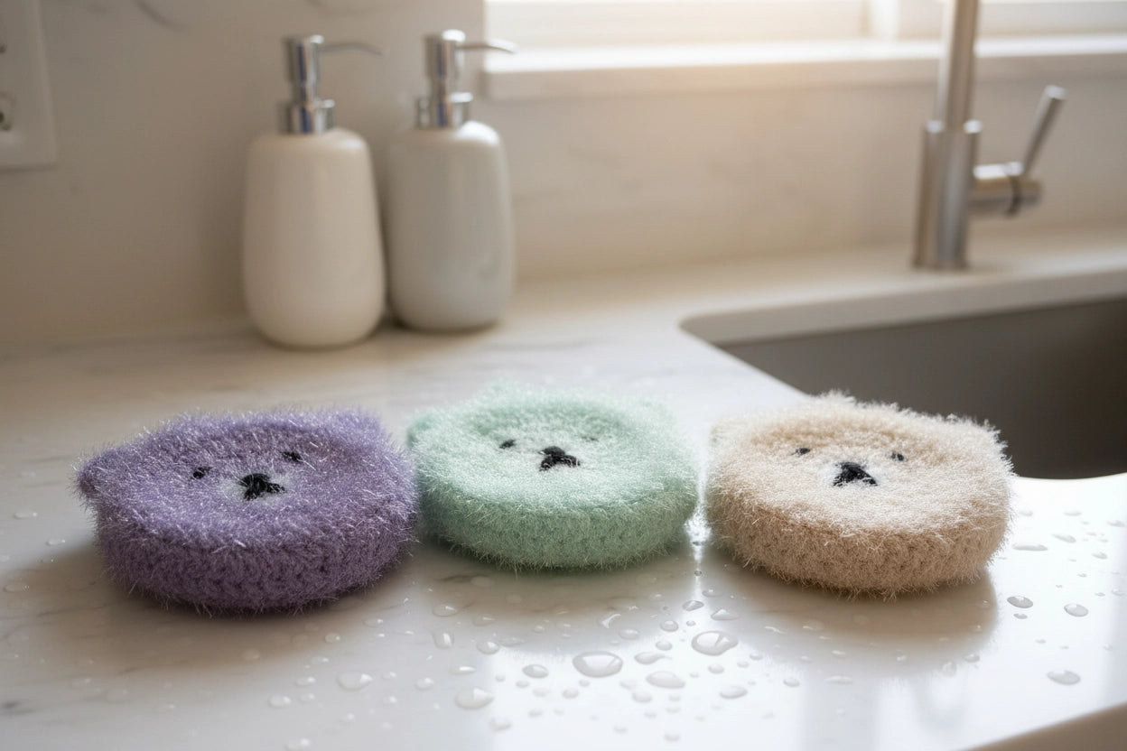 Three colorful bear-shaped dish scrubbies on a kitchen counter with soap dispensers and a sink in the background.