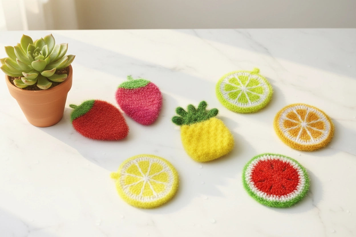Array of hand-crocheted brightly-colored Hello Scrubby fruits on a white surface with a small potted plant