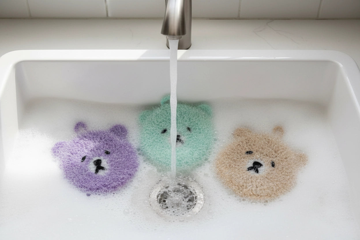 Three bear-shaped dish scrubbers in a sink with water flowing over them.