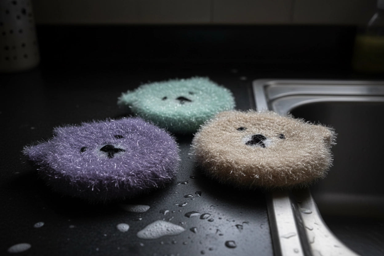 Three colorful bear-shaped dish scrubbers on a kitchen counter with a sink in the background.