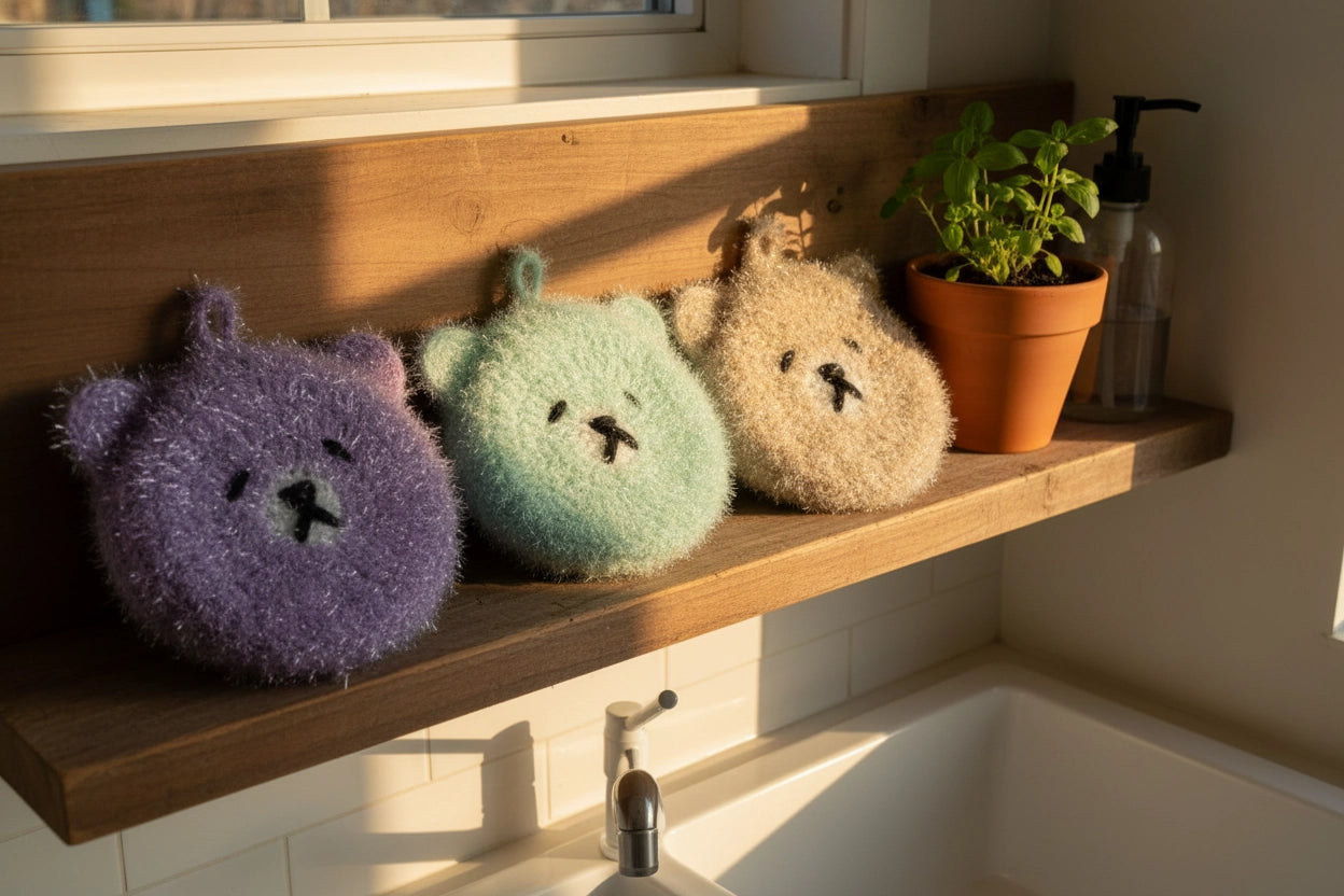 Three colorful bear-shaped dish scrubbers on a wooden shelf next to a sink.