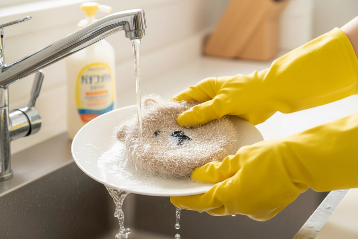 Person cleaning a plate with a light brown bear dish scrubber under running water in a kitchen sink.