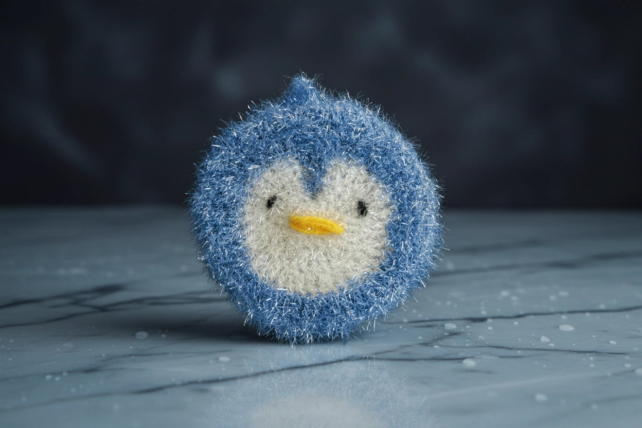 Fuzzy blue and white penguin-shaped dish scrubber on a textured surface with a dark background.
