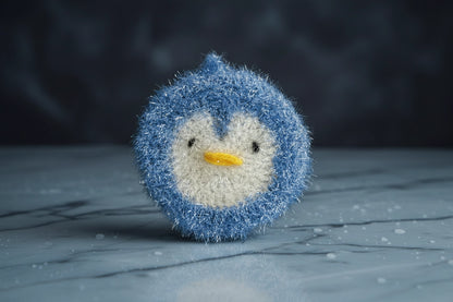 Fuzzy blue and white penguin-shaped dish scrubber on a textured surface with a dark background.