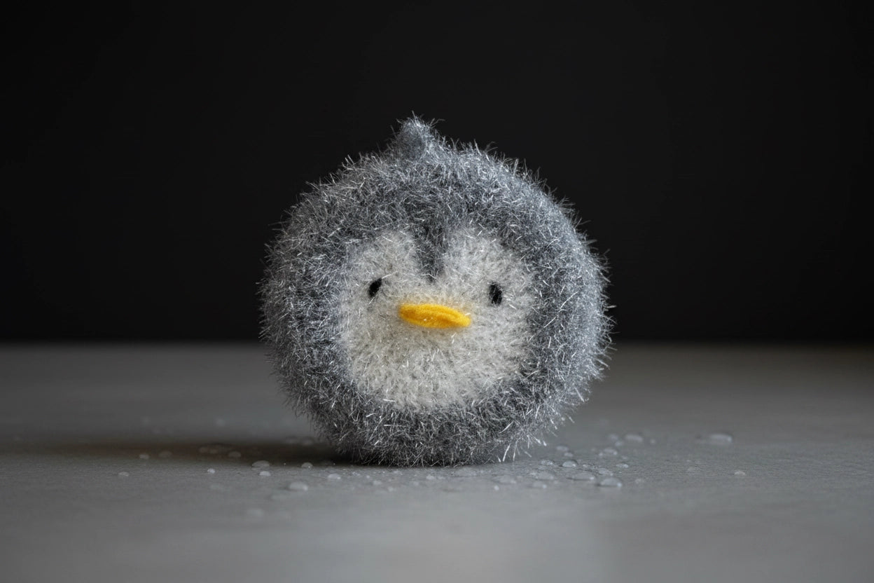 Small crocheted penguin dish scrubber on a dark background